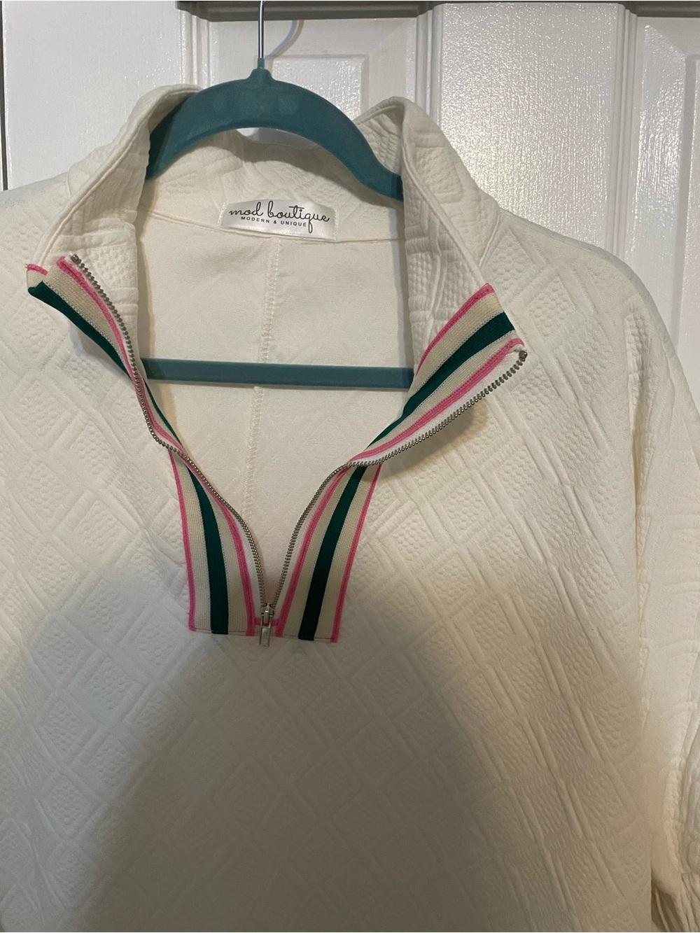 White Knit Half-Zip Pullover Top with Pink & Green Trim - Picture 6 of 9